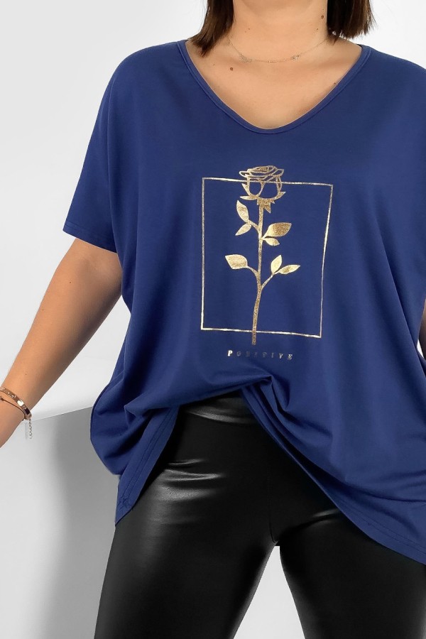 Bluzka damska T-shirt plus size w kolorze ciemny denim złoty nadruk róża positive 1