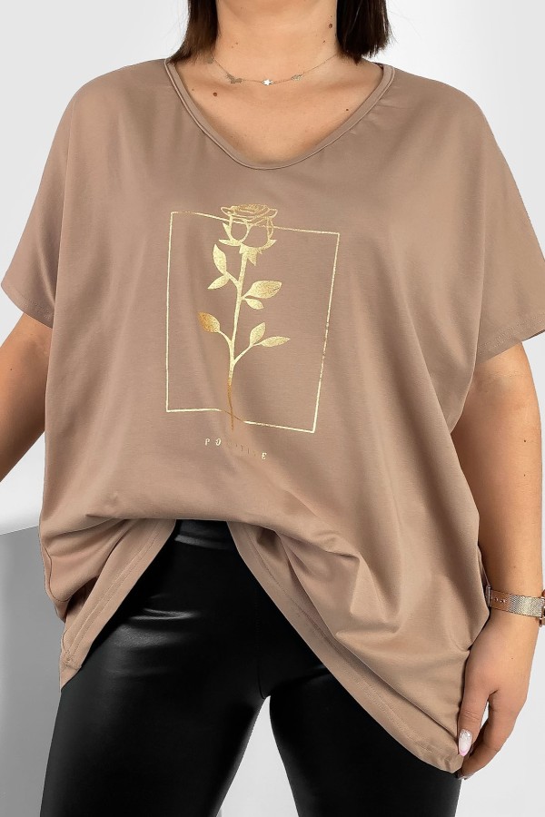 Bluzka damska T-shirt plus size w kolorze beżowym złoty nadruk róża positive