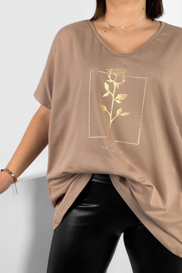 Bluzka damska T-shirt plus size w kolorze beżowym złoty nadruk róża positive 1