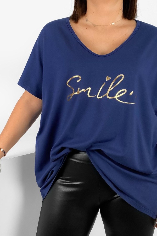 Bluzka damska T-shirt plus size w kolorze ciemny denim złoty napis smile 1