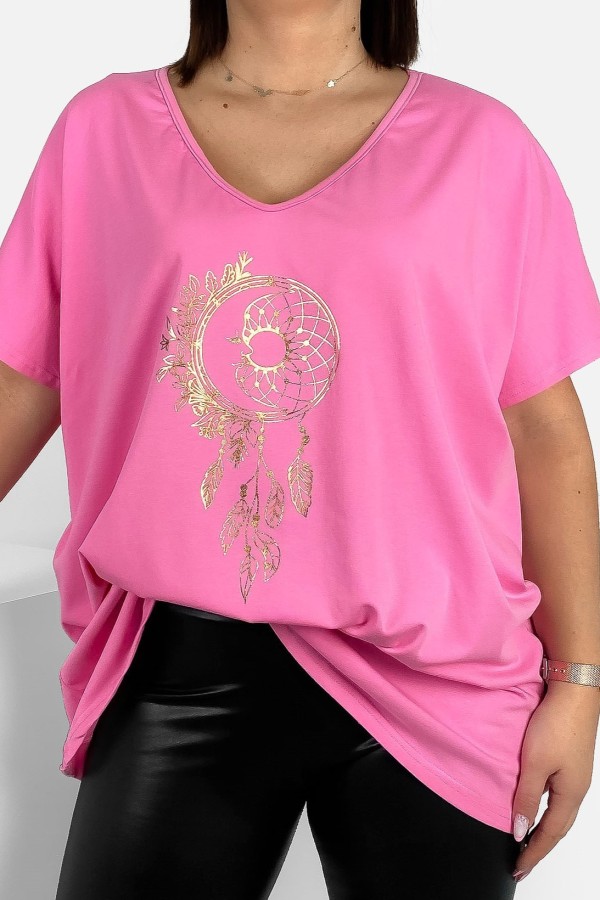 Bluzka damska T-shirt plus size w kolorze różowym złoty nadruk łapacz snów