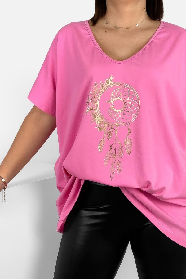 Bluzka damska T-shirt plus size w kolorze różowym złoty nadruk łapacz snów 1