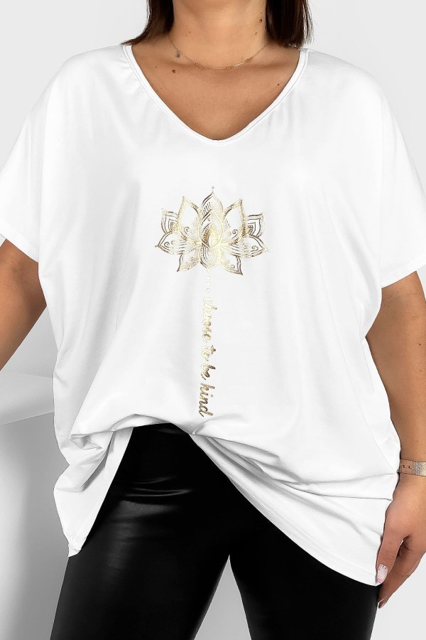 Bluzka damska T-shirt plus size w kolorze białym złoty nadruk kwiat lotosu
