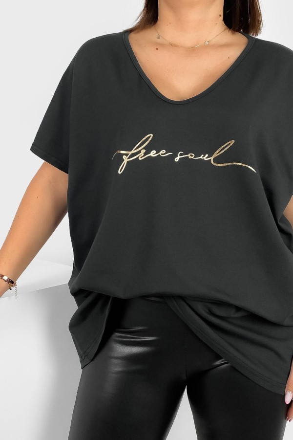 Bluzka damska T-shirt plus size w kolorze antracytowym złoty napis free soul 1