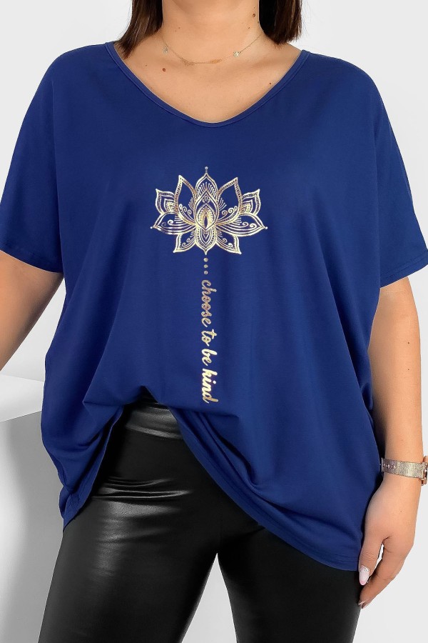 Bluzka damska T-shirt plus size w kolorze granatowym złoty nadruk kwiat lotosu