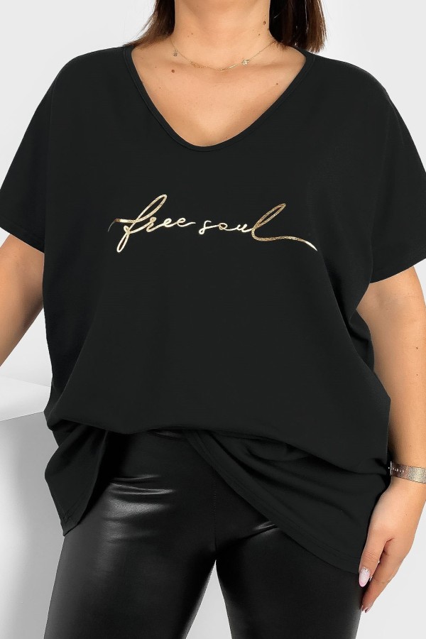 Bluzka damska T-shirt plus size w kolorze czarnym złoty napis free soul