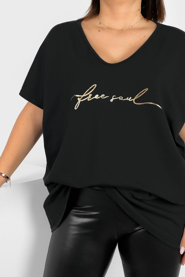 Bluzka damska T-shirt plus size w kolorze czarnym złoty napis free soul 1