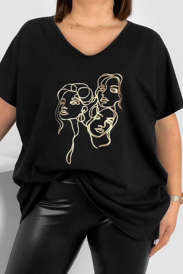 Bluzka damska T-shirt plus size w kolorze czarnym złoty nadruk twarze