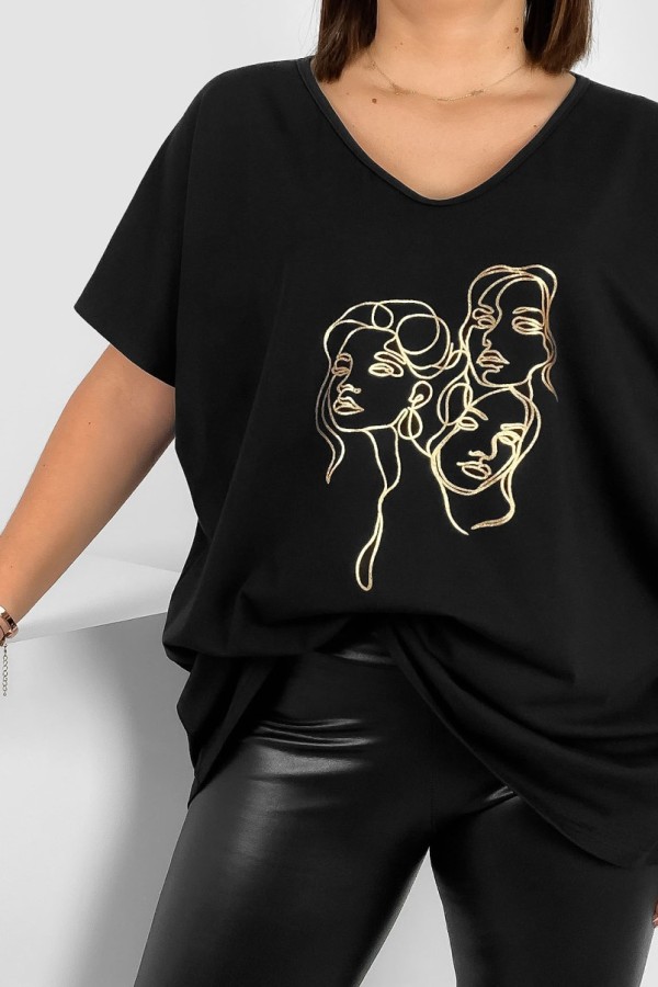 Bluzka damska T-shirt plus size w kolorze czarnym złoty nadruk twarze 1