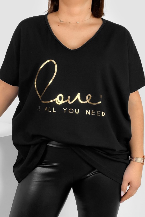 Bluzka damska T-shirt plus size w kolorze czarnym złote napisy Love