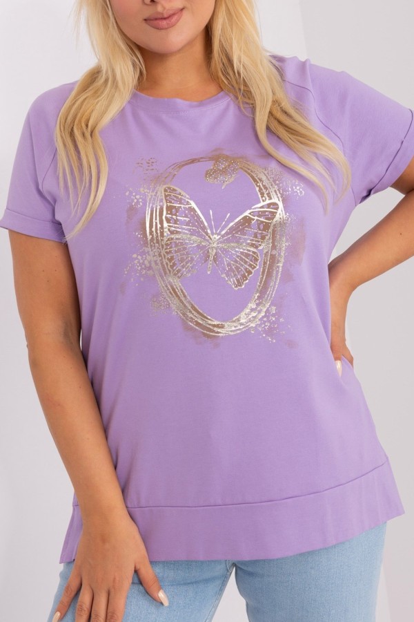 Bluzka damska plus size w kolorze fioletowym lila nadruk print motyle dżety rozcięcia Camin