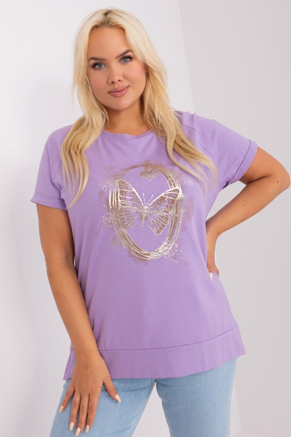 Bluzka damska plus size w kolorze fioletowym lila nadruk print motyle dżety rozcięcia Camin 1
