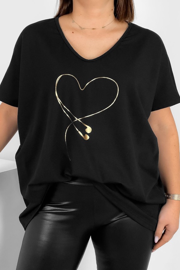 Bluzka damska T-shirt plus size w kolorze czarnym złoty nadruk serce słuchawki