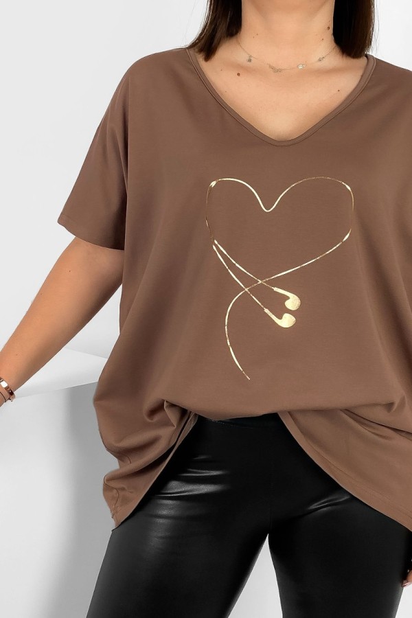 Bluzka damska T-shirt plus size w kolorze brązowym złoty nadruk serce słuchawki 1