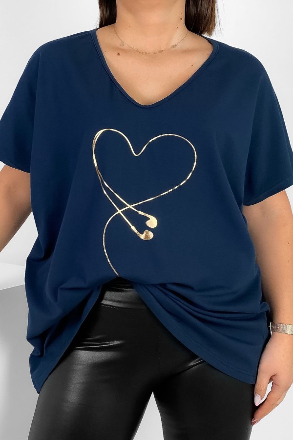 Bluzka damska T-shirt plus size w kolorze granatowym złoty nadruk serce słuchawki