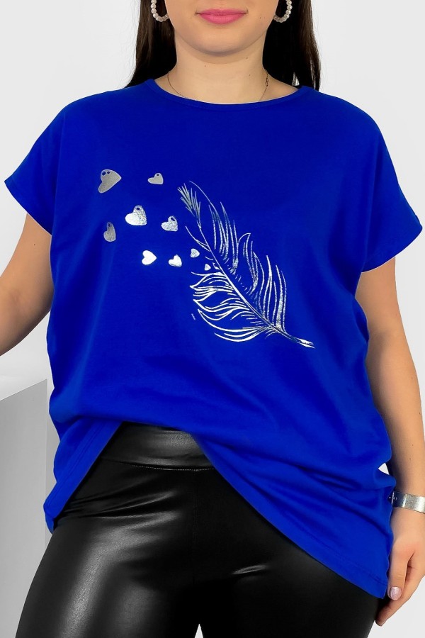 Nietoperz T-shirt damski plus size w kolorze kobaltowym srebrny nadruk piórko Fewi