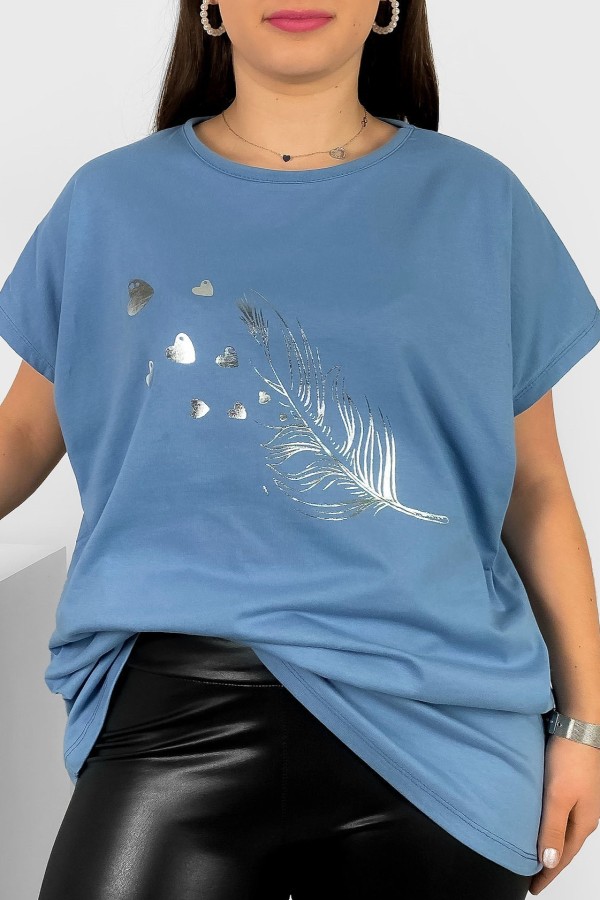Nietoperz T-shirt damski plus size w kolorze denim srebrny nadruk piórko Fewi