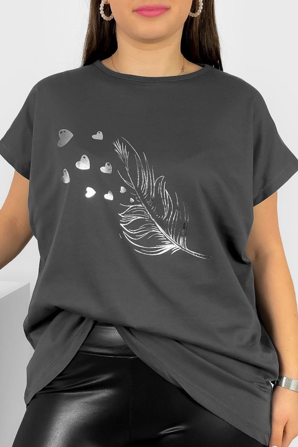 Nietoperz T-shirt damski plus size w kolorze grafitowym srebrny nadruk piórko Fewi