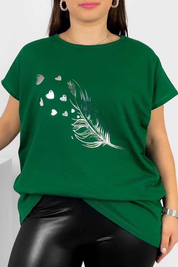 Nietoperz T-shirt damski plus size w kolorze cimnej zieleni srebrny nadruk piórko Fewi