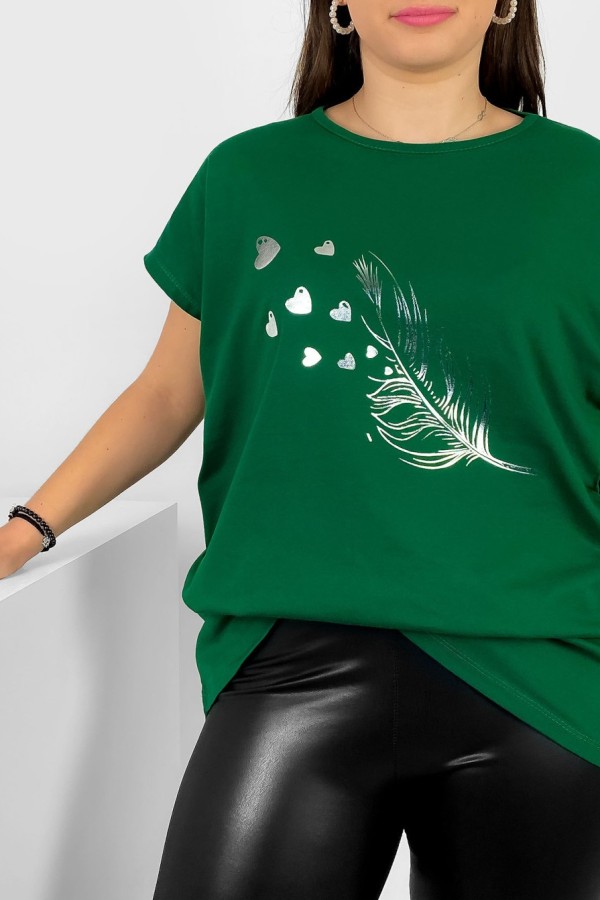 Nietoperz T-shirt damski plus size w kolorze cimnej zieleni srebrny nadruk piórko Fewi 1