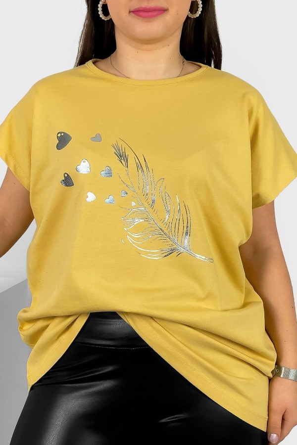 Nietoperz T-shirt damski plus size w kolorze mango srebrny nadruk piórko Fewi