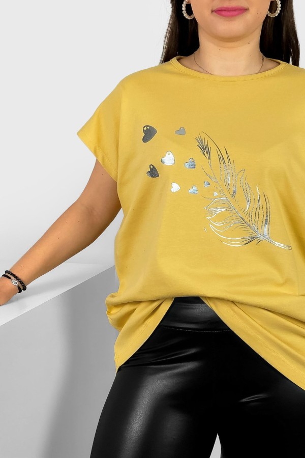 Nietoperz T-shirt damski plus size w kolorze mango srebrny nadruk piórko Fewi 1