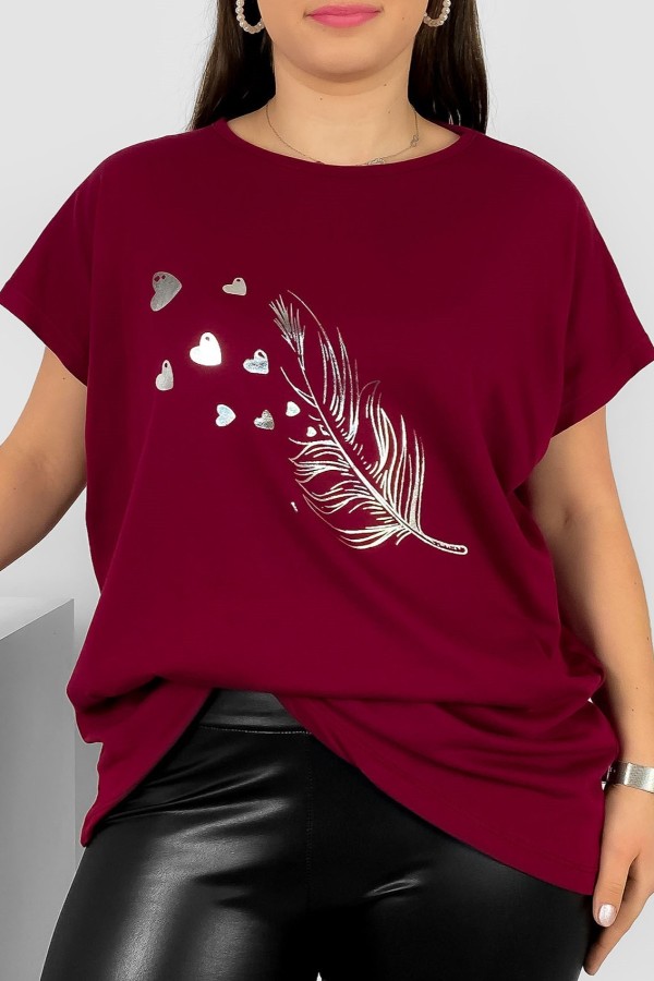 Nietoperz T-shirt damski plus size w kolorze bordowym srebrny nadruk piórko Fewi 2