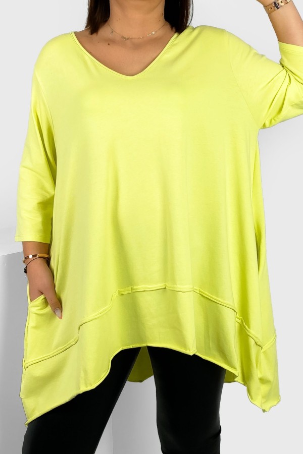 Asymetryczna tunika damska plus size w kolorze limonkowym z kieszeniami Nela 1