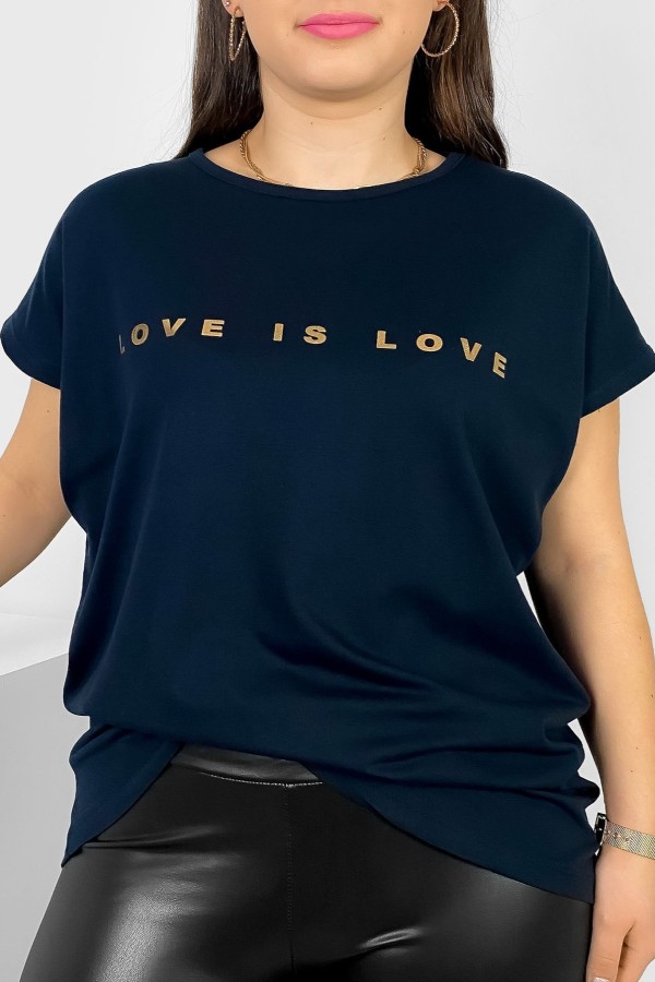 Nietoperz T-shirt damski plus size w kolorze czarnego granatu złote napisy Love is love Marlon 2