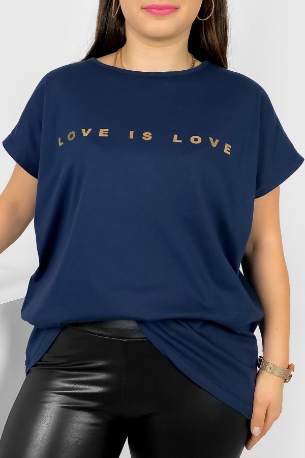 Nietoperz T-shirt damski plus size w kolorze granatowym złote napisy Love is love Marlon