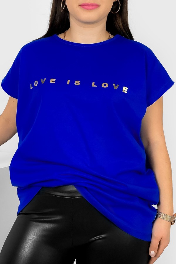 Nietoperz T-shirt damski plus size w kolorze kobaltowym złote napisy Love is love Marlon