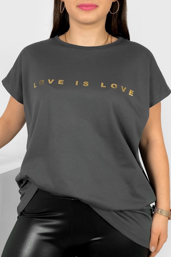Nietoperz T-shirt damski plus size w kolorze grafitowym złote napisy Love is love Marlon