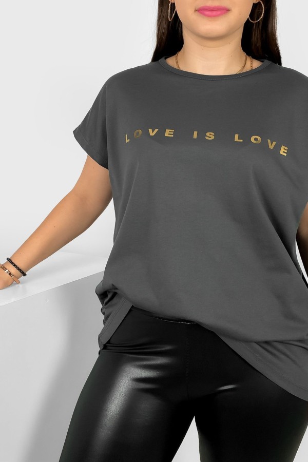 Nietoperz T-shirt damski plus size w kolorze grafitowym złote napisy Love is love Marlon 1