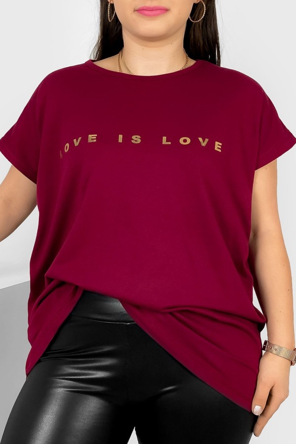 Nietoperz T-shirt damski plus size w kolorze bordowym złote napisy Love is love Marlon