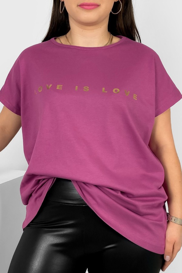 Nietoperz T-shirt damski plus size w kolorze królewskiego wrzosu złote napisy Love is love Marlon