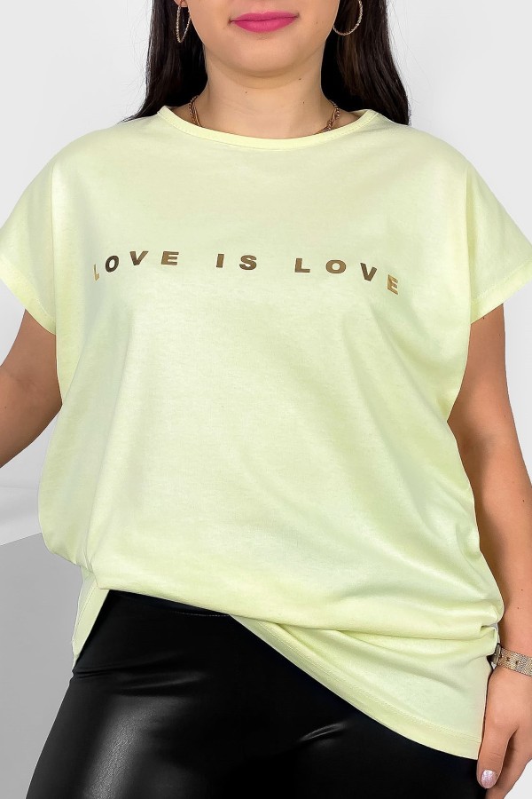 Nietoperz T-shirt damski plus size w kolorze cytrynowym złote napisy Love is love Marlon
