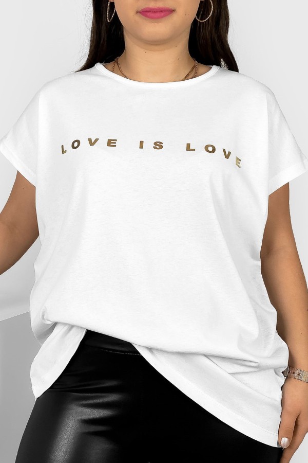 Nietoperz T-shirt damski plus size w kolorze białym złote napisy Love is love Marlon