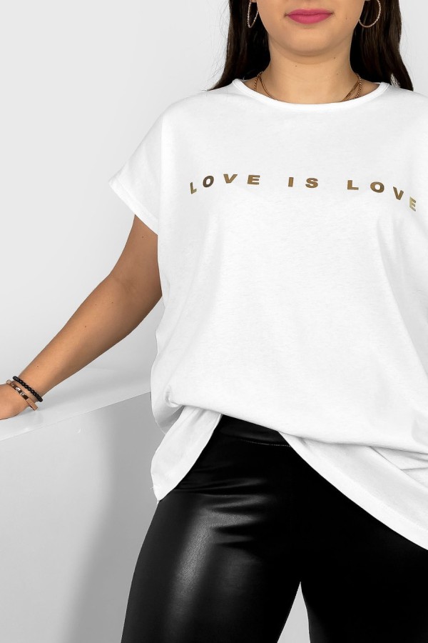Nietoperz T-shirt damski plus size w kolorze białym złote napisy Love is love Marlon 1