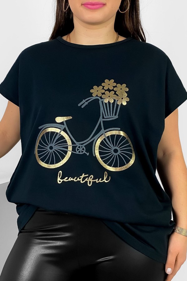 T-shirt damski plus size nietoperz w kolorze czarnego granatu nadruk rower Theo 2
