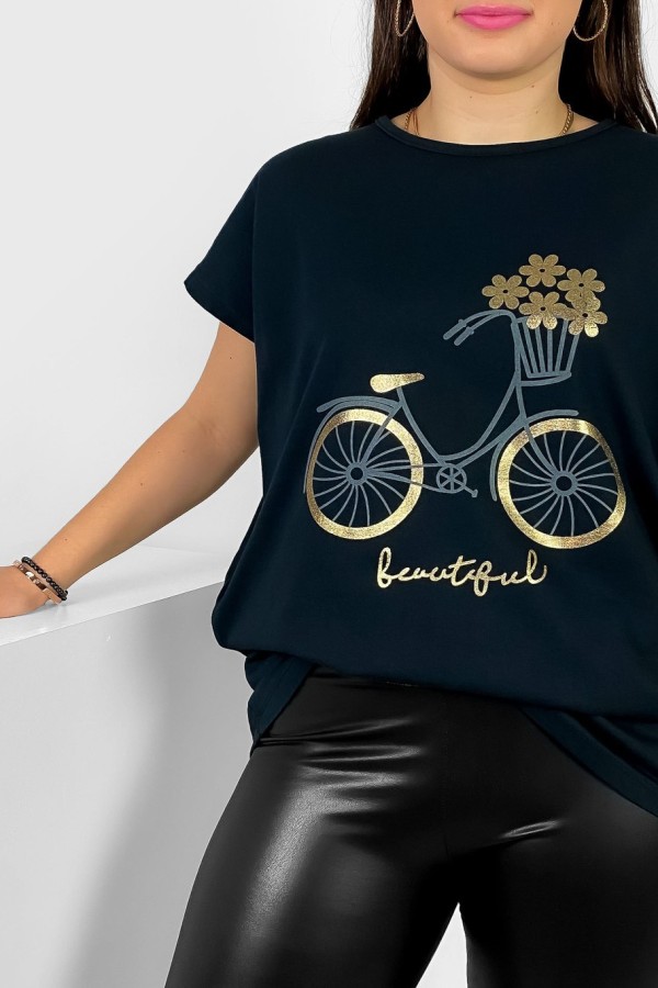 T-shirt damski plus size nietoperz w kolorze czarnego granatu nadruk rower Theo 1