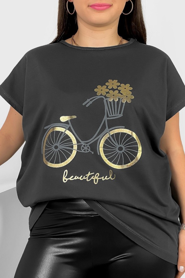 T-shirt damski plus size nietoperz w kolorze grafitowym nadruk rower Theo