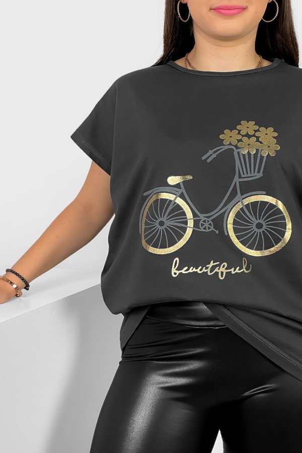 T-shirt damski plus size nietoperz w kolorze grafitowym nadruk rower Theo 1