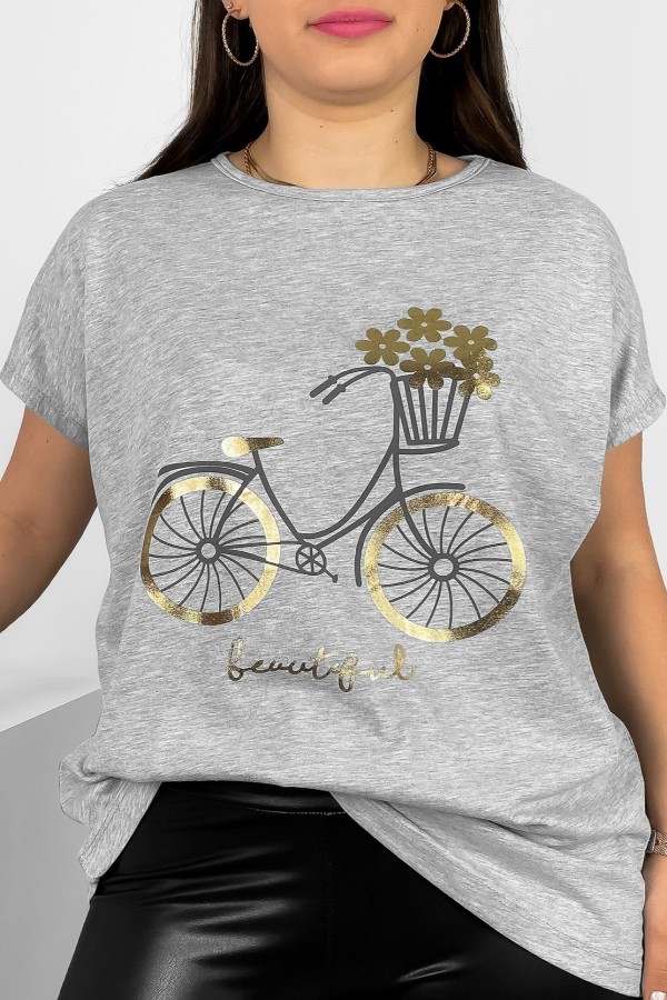 T-shirt damski plus size nietoperz w kolorze szarego melanżu nadruk rower Theo
