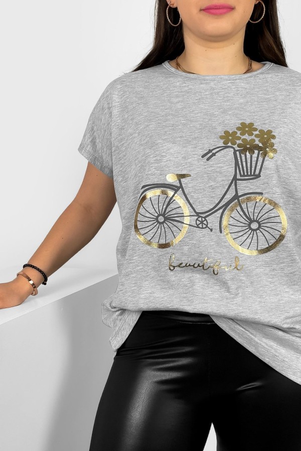 T-shirt damski plus size nietoperz w kolorze szarego melanżu nadruk rower Theo 1