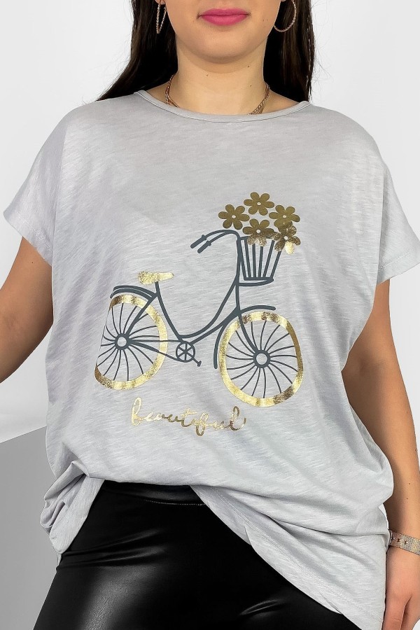 T-shirt damski plus size nietoperz w kolorze stalowego melanżu nadruk rower Theo