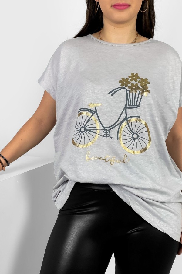 T-shirt damski plus size nietoperz w kolorze stalowego melanżu nadruk rower Theo 1
