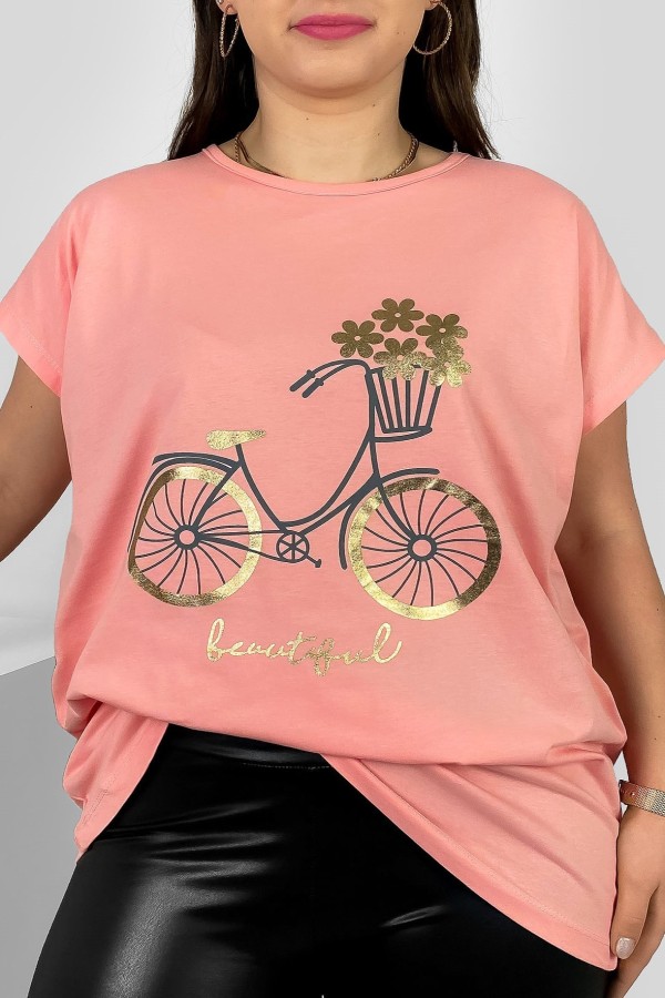 T-shirt damski plus size nietoperz w kolorze łososiowym nadruk rower Theo