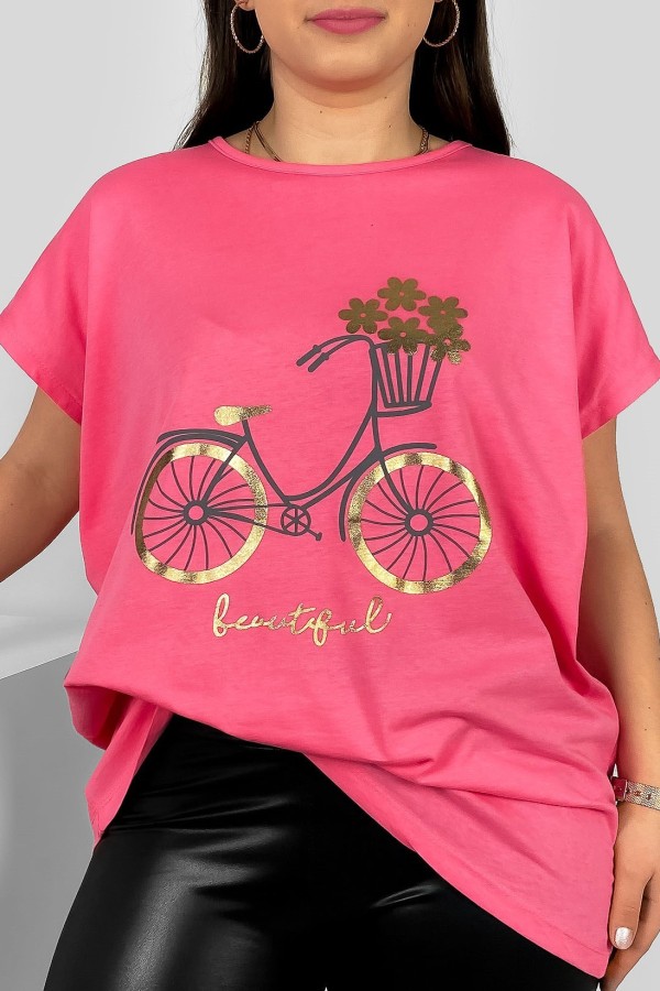 T-shirt damski plus size nietoperz w kolorze różowym nadruk rower Theo