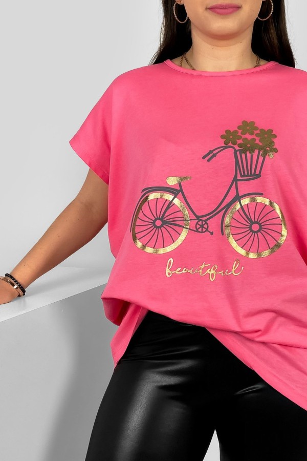 T-shirt damski plus size nietoperz w kolorze różowym nadruk rower Theo 1