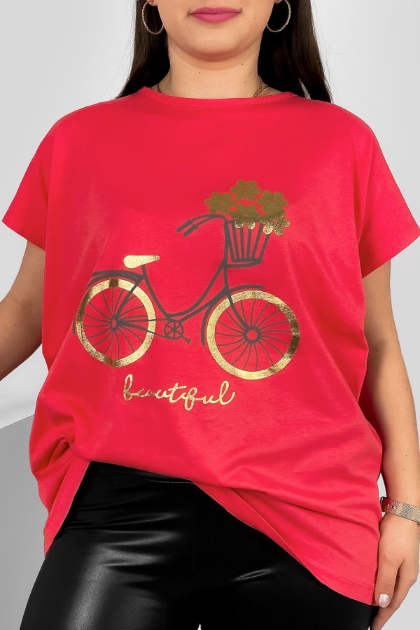 T-shirt damski plus size nietoperz w kolorze koralowym nadruk rower Theo
